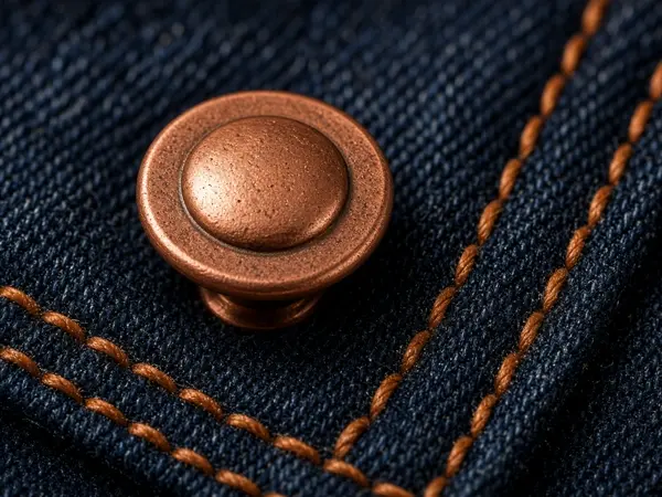 Close-up of a button and stitching on denim