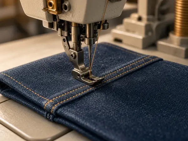 Sewing machine stitching a denim seam