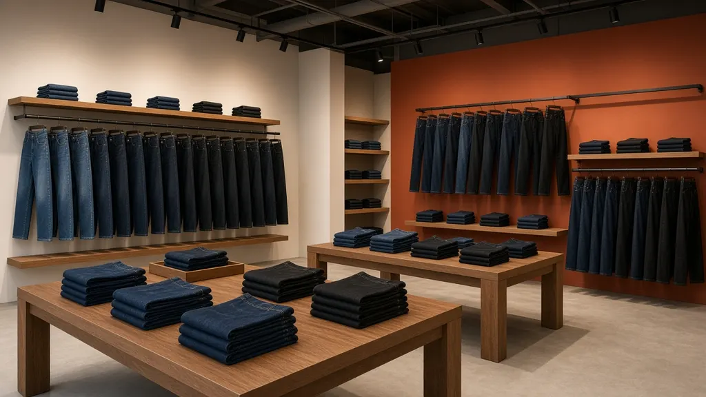 Folded and hanging jeans displayed in a modern store