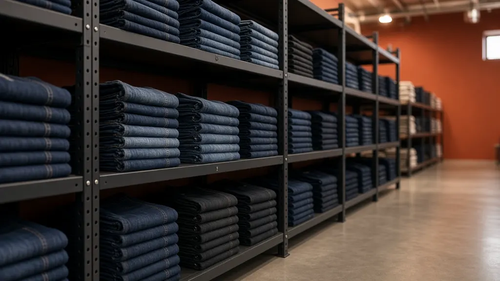 Shelves of neatly stacked folded jeans in a denim store room