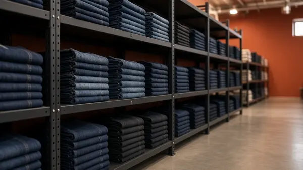 Folded jeans stacked on shelves